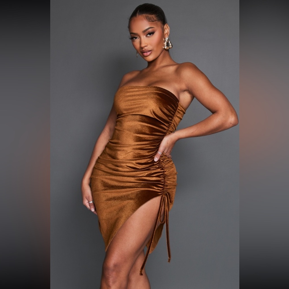 PLT Shape Chocolate Brown Velvet Ruched Side Frill Hem Bandeau Bodycon Dress